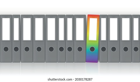 Anillos aglutinantes, conjunto gris sin etiqueta con un excelente aglutinante de hojas de color arcoiris para un trabajo de oficina feliz. Ilustración vectorial aislada sobre fondo blanco.
