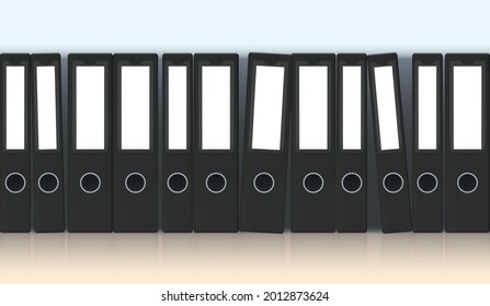Ring binders, row of thin and thick unlabeled gray file folders, some standing at an angle, because of exhausting office work. Seamlessly expandable. Vector illustration.
