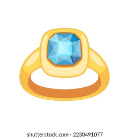 Anillo con piedra gemela azul hecho de ilustración del vector oro. Dibujo de caricatura de un elegante anillo dorado. Joyería, accesorios, concepto de lujo