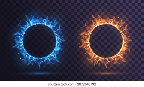 Ring of blue and yellow fire on a transparent background