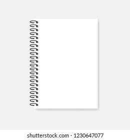 Ring bound A4 notebook mockup. Blank side wire spiral diary, vector mock-up. Empty white notepad template.