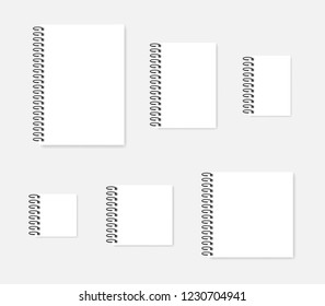 Ring bound blank notebook mock-up set. Square, A4, A5, A6 sizes. Side spiral white diaries, vector mockup.