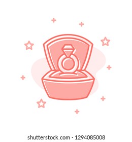 Ring In Box flat cartoon style concept. Simple sign of proposal. Wedding con. Valentine day symbol for print, social media post, web banner, card design. Offer vector Illustration isolated on white
