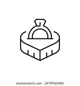 Ring in box icon. Depicting a classic symbol of commitment and love, perfect for engagements, weddings, and romantic events, representing the proposal of marriage. Vector illustration