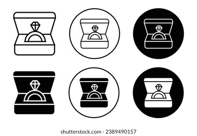 Ring box icon set. wedding diamond ring jewelry ring case vector symbol in black filled and outlined style.