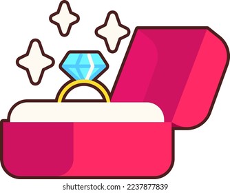 Ring Box abierta tiene anillo de diamante con el encendido Icono de joyería Elementos de pegatina plana Estilo negro