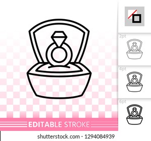 Ring In Box thin line icon. Outline sign of proposal. Wedding linear pictogram with different stroke width. Simple vector symbol, transparent background. Offer In Box editable stroke icon without fill