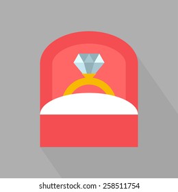 Ring in box. Wedding ring vector icon. Diamond engagement ring vector icon. Flat design