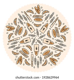 A ring of bread badges. Vector icons in a circle, a round pattern of bread, baguettes, loaves, rye, wheat, ears. Bakery design.