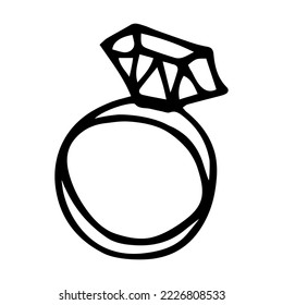Ring with brilliant doodle style vector illustration isolated on white background. Jewelry hand drawn graphic