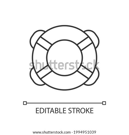 Ring buoy linear icon. Life preserver. Round floatation device. Assisting beginner swimmer. Thin line customizable illustration. Contour symbol. Vector isolated outline drawing. Editable stroke