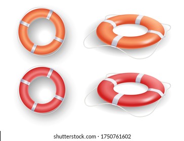 Ring buoy set with red and orange color, with different angles isolated on white background. Vector illustration