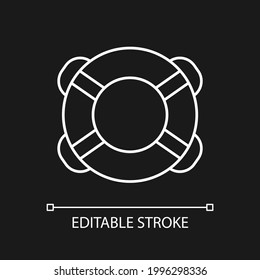 Ring buoy white linear icon for dark theme. Life preserver. Floatation device. Assisting swimmer. Thin line customizable illustration. Isolated vector contour symbol for night mode. Editable stroke