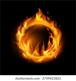 Ring with burning fire, isolated flames and ignition. Vector realistic circle with trails and light smoke. Blazing rounded shape or frame, geometric form with sparkles and high temperature