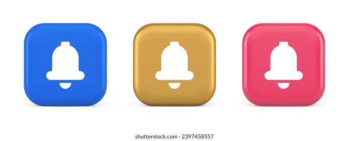 Ring button cyberspace sound reminder service 3d realistic blue gold and pink icons. Bell tone message alert notice signal push musical notification user interface panel web app