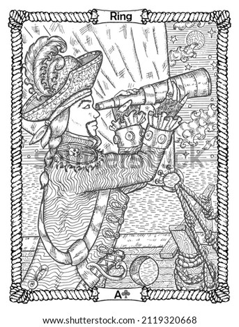 Ring card from the oracle Old Marine Lenormand deck with captain lookin at spy glass. Nautical vintage background, coloring book page, t-shirt and tattoo vector graphic, pirate adventures concept. 