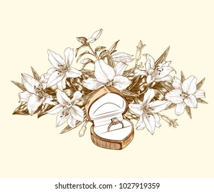 Ring in a case against the background of a composition with lilies, buds and leaves. Vector illustration for greetings, cards. Wedding design.