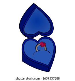 Ring in a case. Engagement ruby jewelry. Color vector illustration. Heart-shaped box. Valentine day, wedding, engagement. Idea for web design.