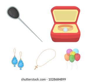 Ring in a case, hair clip, earrings with stones, a cross on a chain. Jewelery and accessories set collection icons in cartoon style vector symbol stock illustration web.