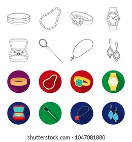 Ring in a case, hair clip, earrings with stones, a cross on a chain. Jewelery and accessories set collection icons in outline,flet style vector symbol stock illustration web.