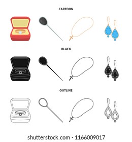 Ring in a case, hair clip, earrings with stones, a cross on a chain. Jewelery and accessories set collection icons in cartoon,black,outline style vector symbol stock illustration web.