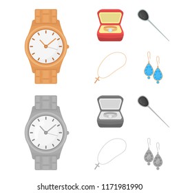 Ring in a case, hair clip, earrings with stones, a cross on a chain. Jewelery and accessories set collection icons in cartoon,monochrome style vector symbol stock illustration web.