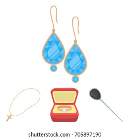Ring in a case, hair clip, earrings with stones, a cross on a chain. Jewelery and accessories set collection icons in cartoon style vector symbol stock illustration web.