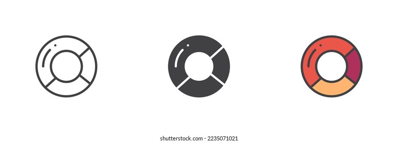 Ring chart graph different style icon set. Line, glyph and filled outline colorful version, circular pie chart outline and filled vector sign. Symbol, logo illustration. Vector graphics