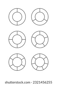 Ring chart templates with 2, 3, 4, 5, 6 and 7 pieces. Circle section graph set. Circular structure. Pie diagram divided into segments. Schemes with sectors. Piechart with slices. Vector illustration