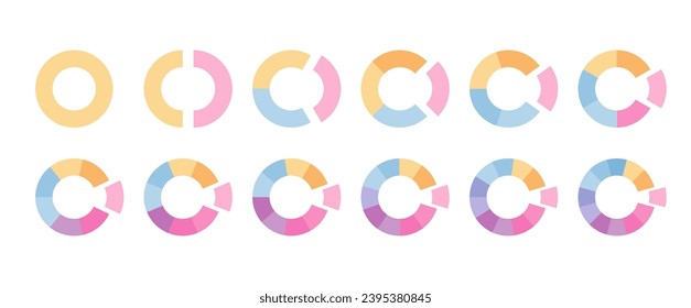 Ring colored structure chart template with separate segments. Circular segments divided into multicolor segments. Set of circle graph. Pie diagram. Piechart with slices. Vector illustration