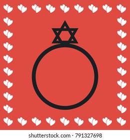 Ring David star icon flat. Simple black pictogram on red background with white hearts for valentines day. Vector illustration symbol