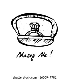 Ring with a diamond in a box. Monochrome doodle isolated illustration is hand drawn. Vector 10 EPS.