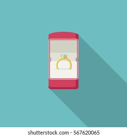 Ring with diamond in box. Proposal marriage, vector flat style illustration.
