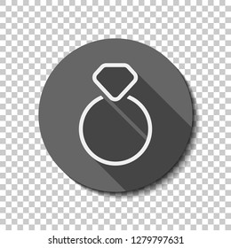 Ring with diamond or brilliant, wedding gift, outline linear icon. flat icon, long shadow, circle, transparent grid. Badge or sticker style