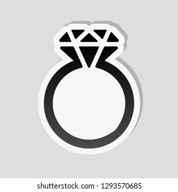 Ring with diamond or brilliant, wedding gift, icon. Sticker style with white border and simple shadow on gray background