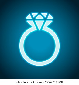 Ring with diamond or brilliant, wedding gift, icon. Neon style. Light decoration icon. Bright electric symbol