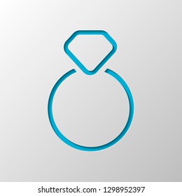 Ring with diamond or brilliant, wedding gift, outline linear icon. Paper design. Cutted symbol with shadow