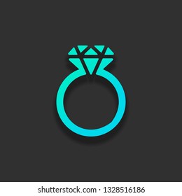 Ring with diamond or brilliant, wedding gift, icon. Colorful logo concept with soft shadow on dark background. Icon color of azure ocean