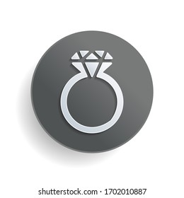 Ring with diamond or brilliant, wedding gift, icon. White paper symbol on gray round button or badge with shadow