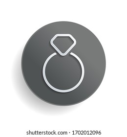 Ring mit Diamant oder brillant, Hochzeitsgeschenk, Umriss lineares Symbol. Weißes Papiersymbol auf grauem Rundknopf oder Abzeichen mit Schatten