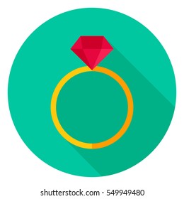 Ring with Diamond Circle Icon. Flat Design Vector Illustration with Long Shadow. Happy Valentine Day Symbol.