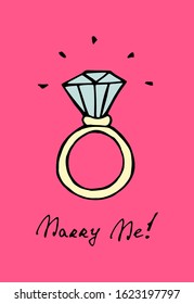 A ring with a diamond. Colored hand drawn doodle isolated illustration on pink background. Vector 10 EPS.