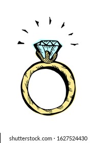 A ring with a diamond. Colored hand-drawn doodle isolated illustration. Vector 10 EPS.