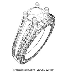 Anillo Con Vector De Cristales De Diamantes 11. Ilustración Aislada En Fondo Blanco. Ilustración vectorial De Un Anillo De Diamantes.