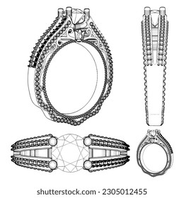 Ring With Diamond Crystals Vector 12. Illustration Isolated On White Background. A vector illustration Of A Diamond Ring.