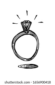 A ring with a diamond. Doodle hand drawn black and white isolated illustration. Vector 10 EPS.
