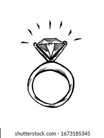 A Ring With A Diamond. Doodle Hand Drawn Black And White Isolated Illustration. Vector 10 EPS.