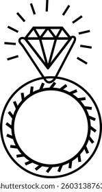 A ring with a diamond. Doodle hand drawn black and white isolated illustration, design in trendy style