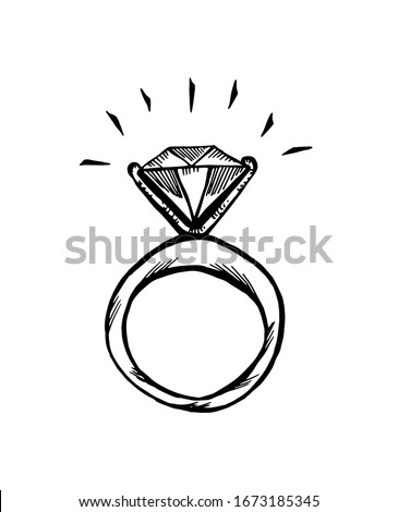 A ring with a diamond. Doodle hand drawn black and white isolated illustration. Vector 10 EPS.