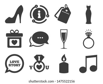 Ring with diamond, gift box and music signs. Discount offer tag, chat, info icon. Wedding, engagement icons. Dress, shoes and champagne glass symbols. Classic style signs set. Vector